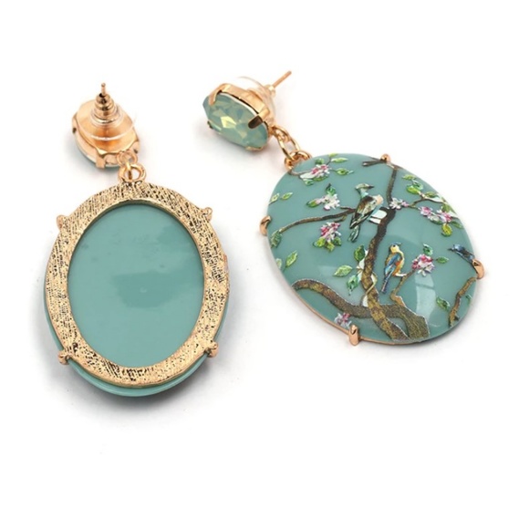 Bird Oval Earrings Tree Branch Leaf Dangling Drop - Picture 4 of 4